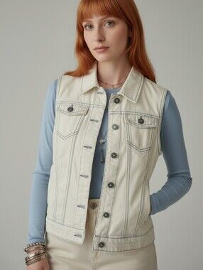 Only Off-White Sleeveless Denim Vest with Contrast Stitching And Distressing